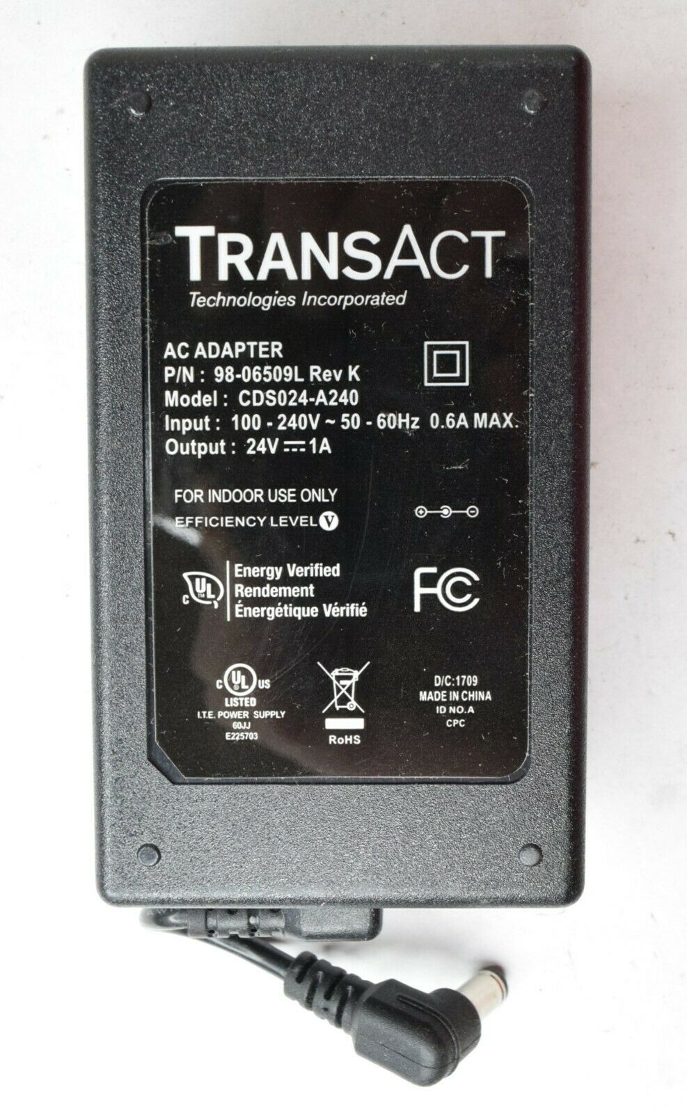 TransAct AC Adapter Power Supply Unit 98-06509L CDS024-A240 24V 1A tip:5.5*2.5mm Type: Adapter MPN: 98-06509L, CDS02 - Click Image to Close